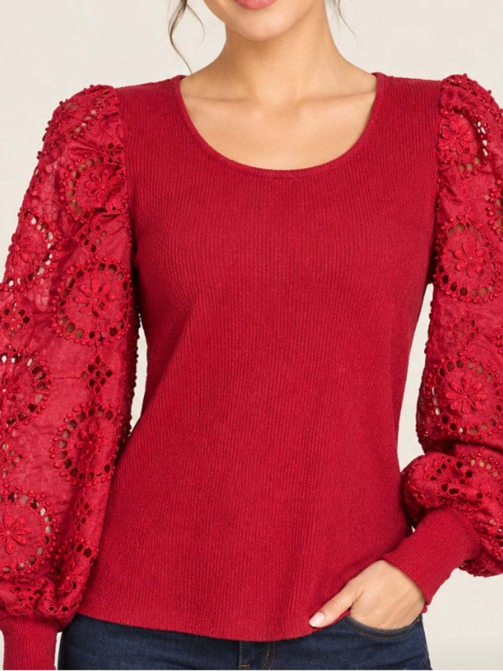 Ontwelfh Red Stretch Lace-Sleeve Ribbed Knit Top XL